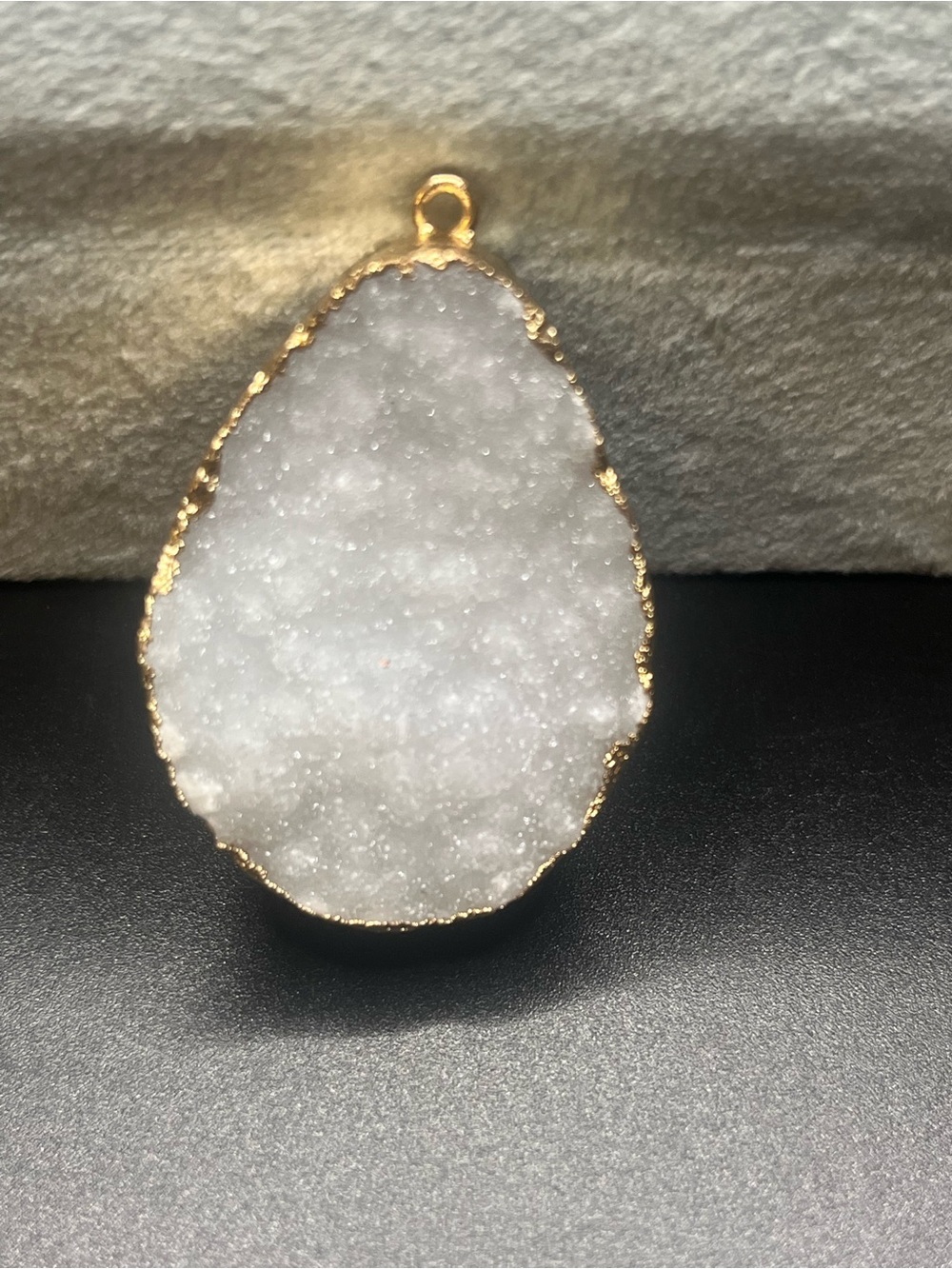White Druzy Quartz Slice Pendant Gold Tone Electroplated Natural Stone